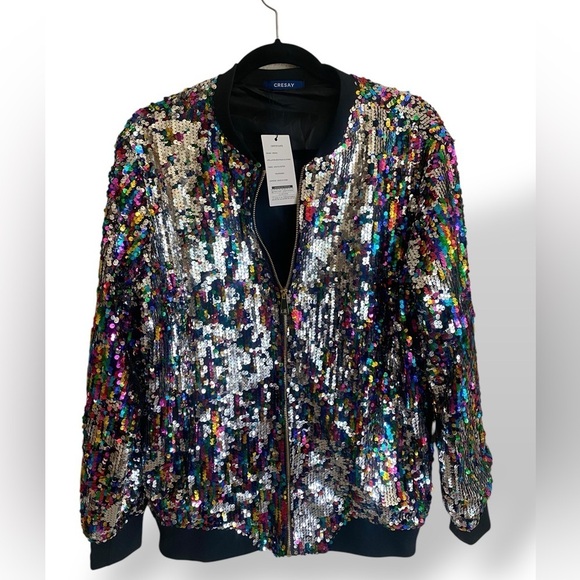 CRESAY Multi Colored Sequined Bomber Jacket Size X-Large Black NWT Hollywood!! - Picture 2 of 14